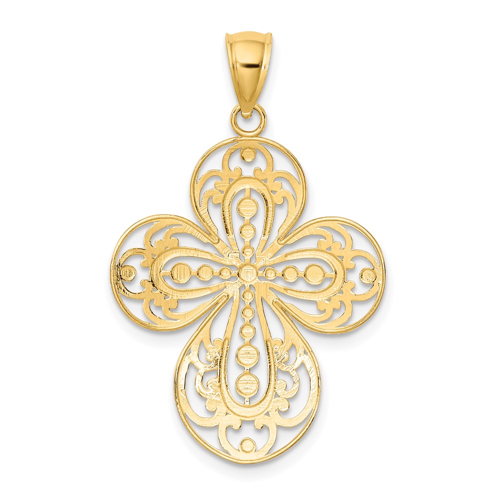 14K W/ Rhodium D/C and Cut Out Filigree Cross Charm