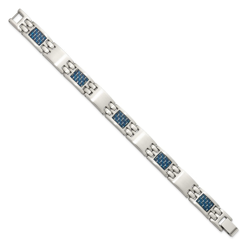 Stainless Steel Brushed with Blue Carbon Fiber Inlay 8.5in Bracelet 8.5 inches