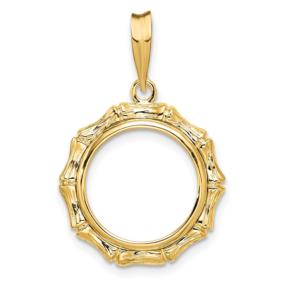 Wideband Distinguished Coin Jewelry 14k Polished and Textured Bamboo 14.0mm Prong Coin Bezel Pendant