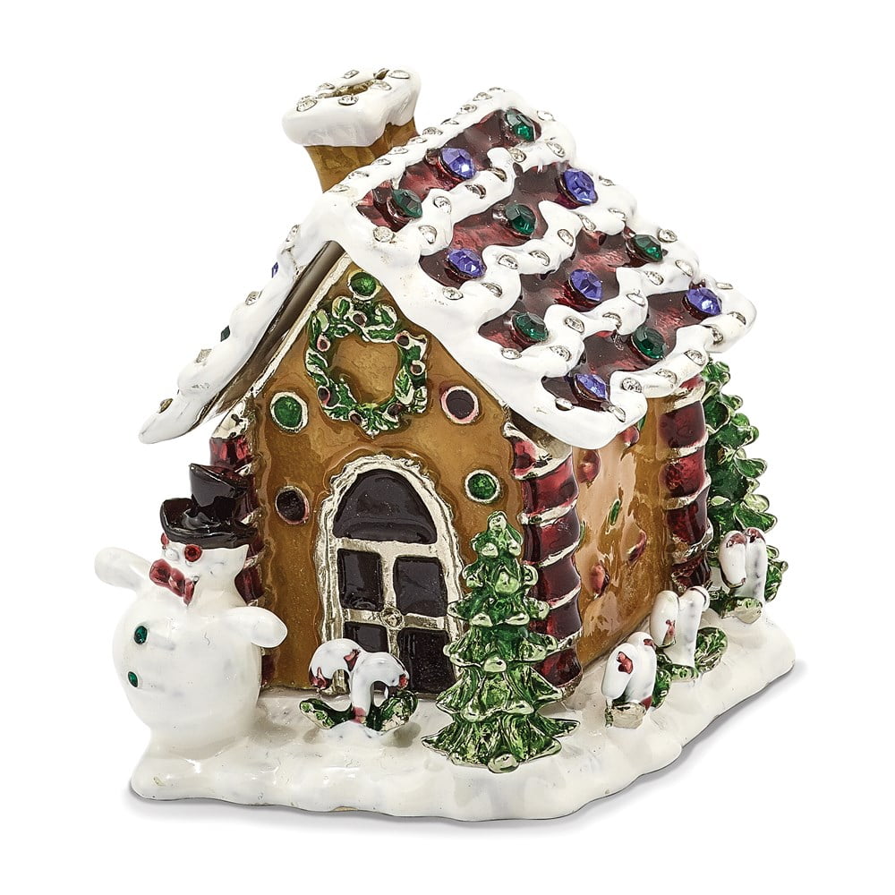 Luxury Giftware by Jere Bejeweled Crystals Silver-tone Enameled LEBKUCHENHAUS Gingerbread House Trinket Box with Matching 18 Inch Necklace QBJ2058