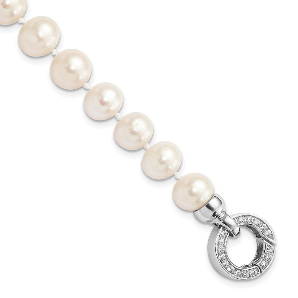 Sterling Silver Rhodium-plated 9-10mm White Near-Round Freshwater Cultured Pearl and CZ Fancy 7.5 inch Bracelet 7.5 inches