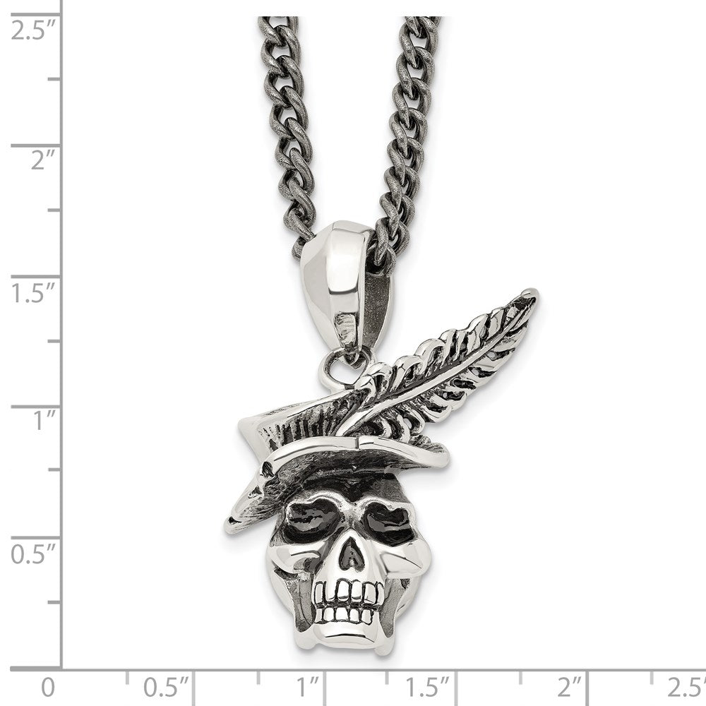 Stainless Steel Antiqued and Polished Skull with Feather 22in Necklace