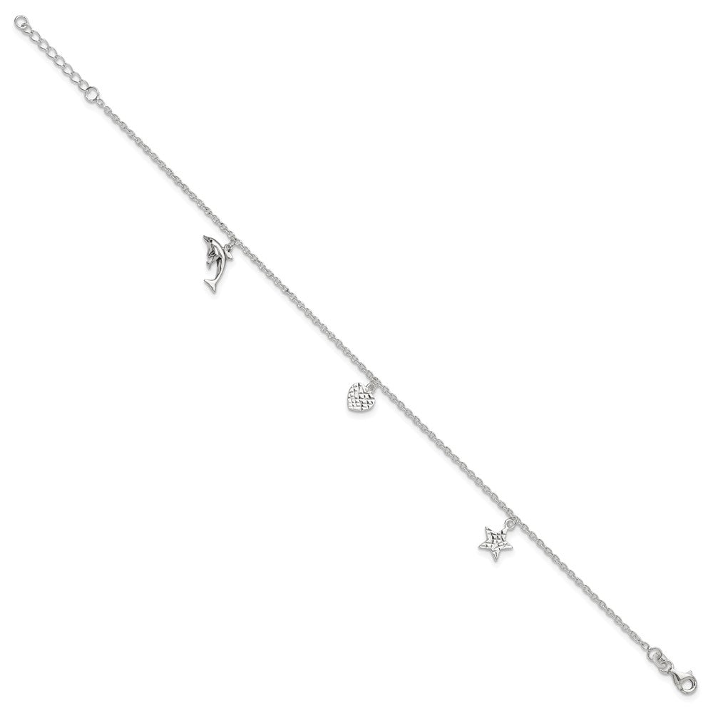Sterling Silver Polished Heart, Star and Dolphin 9in Plus 1in Ext. Anklet 9 inches