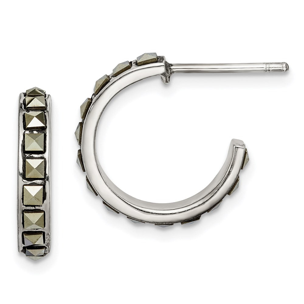 Sterling Silver Square Marcasite 15x3.5 Hoop Post Earrings