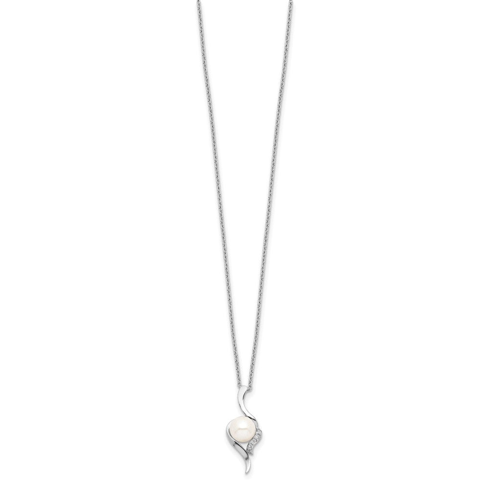 Sterling Silver Rhodium-plated 6-7mm White Semi-Round Freshwater Cultured Pearl and CZ 17 inch Necklace 17 Inches