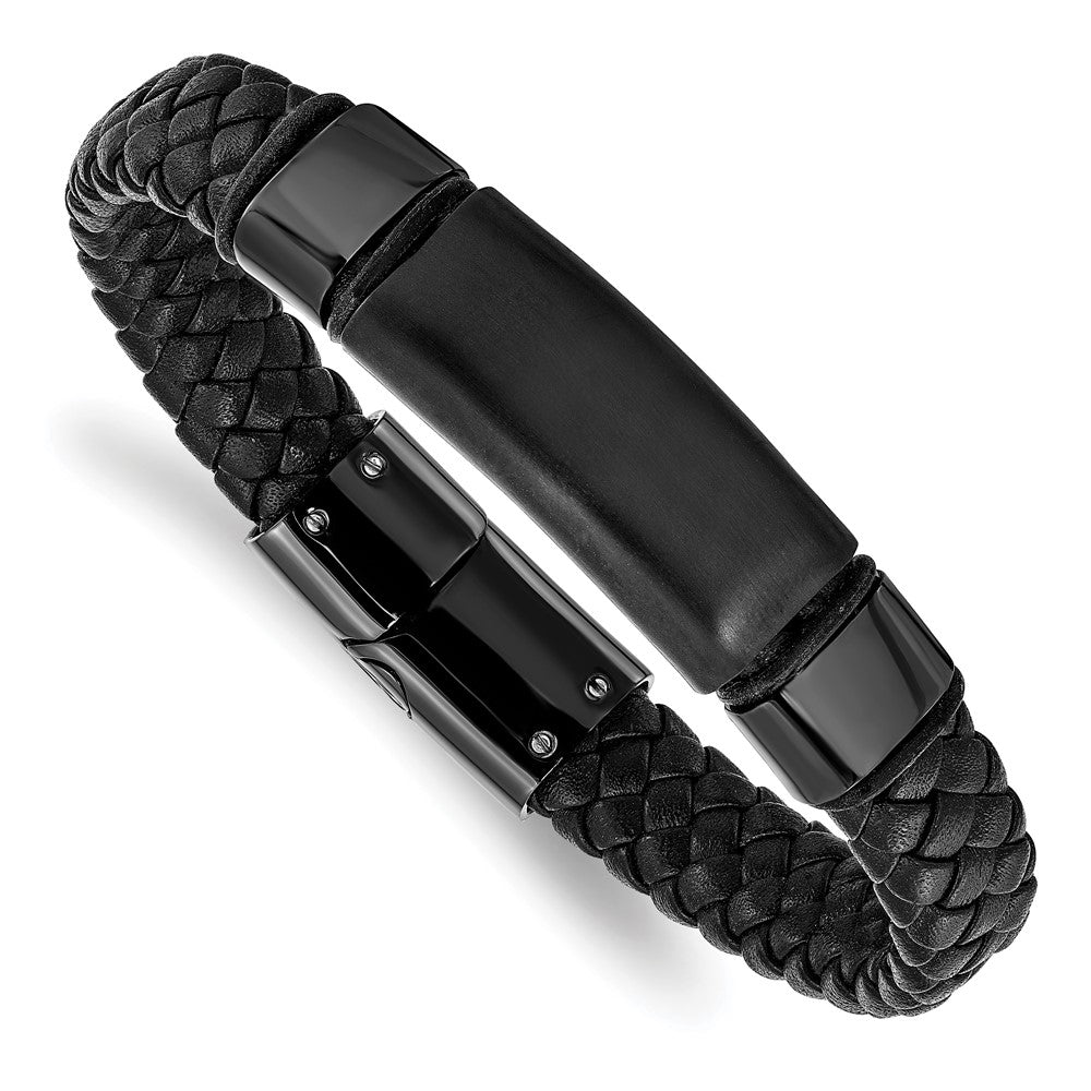 Stainless Steel Brushed & Polished Black IP-plated Braided Leather Bracelet 8.25 inches