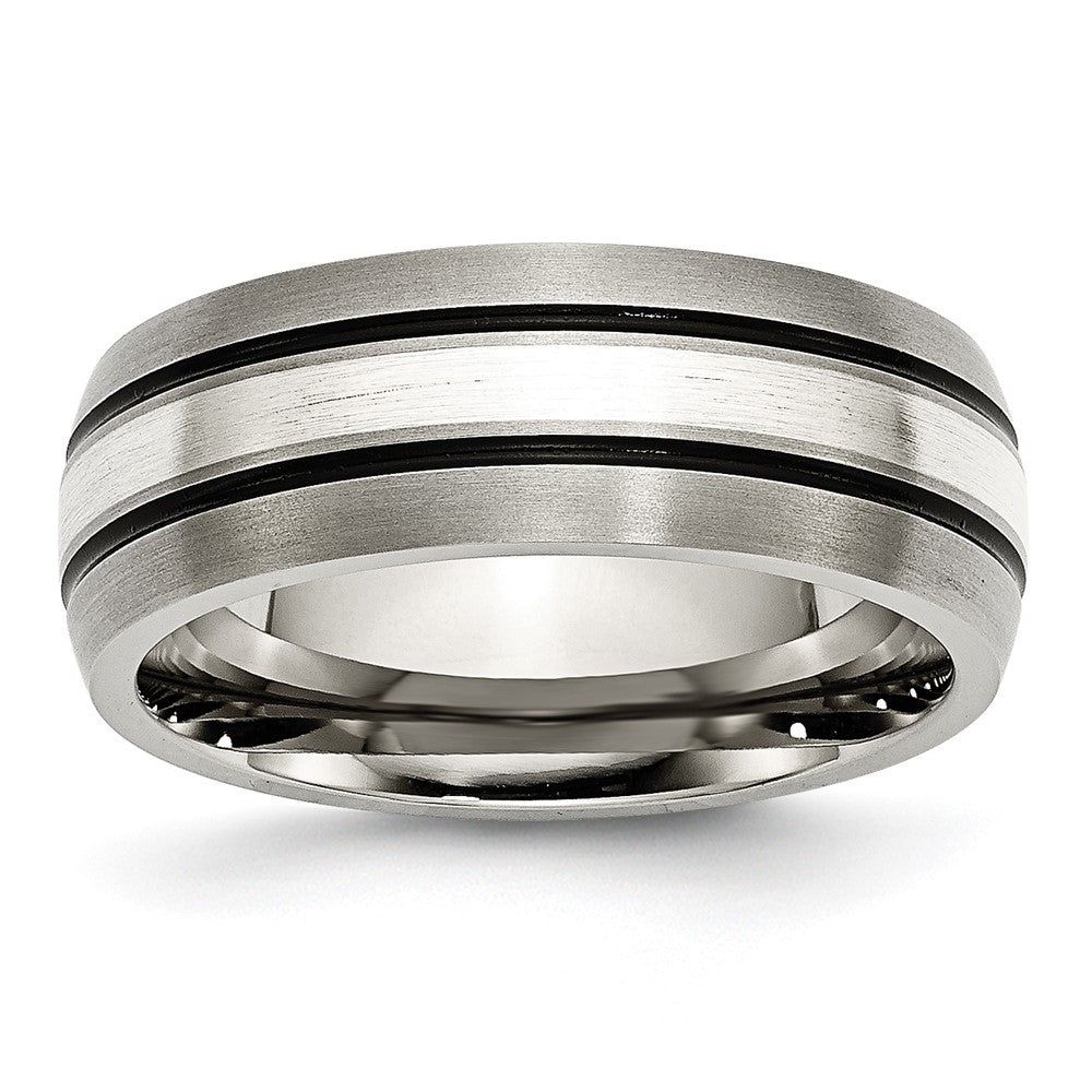 Titanium Antiqued/Brushed w/Sterling Silver Inlay 8mm Grooved Band Size - 13