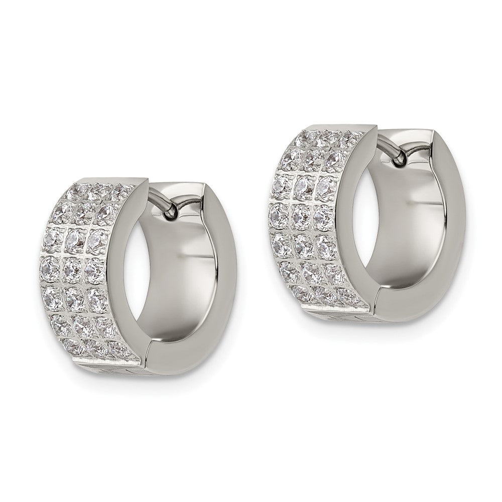 Stainless Steel Polished with 3 Rows of CZ 2.4mm Hinged Hoop Earrings
