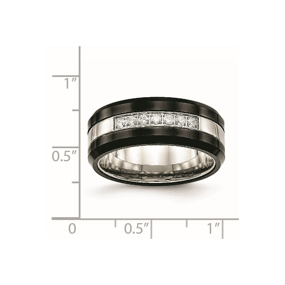 Stainless Steel Polished Black Ceramic CZ Beveled Edge Ring Size - 13