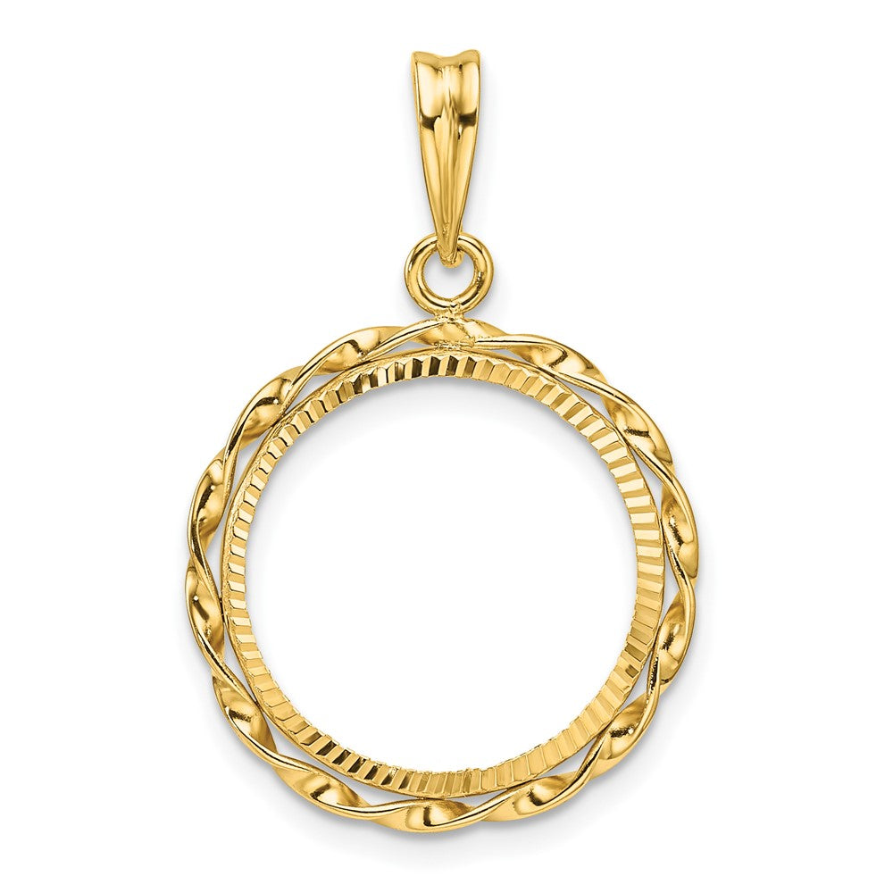 Wideband Distinguished Coin Jewelry 14k Polished Hand Twisted Ribbon and Diamond-cut 16.5mm Prong Coin Bezel Pendant