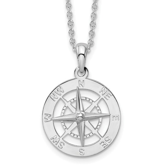 Sterling Silver Rhodium-plated Polished Nautical Compass Necklace