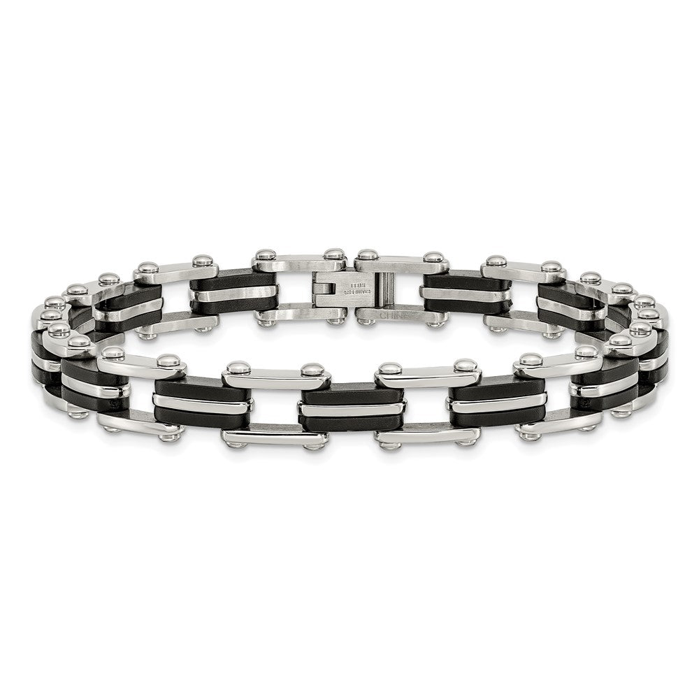 Stainless Steel Polished with Black Rubber 8.75in Bracelet 8.75 inches