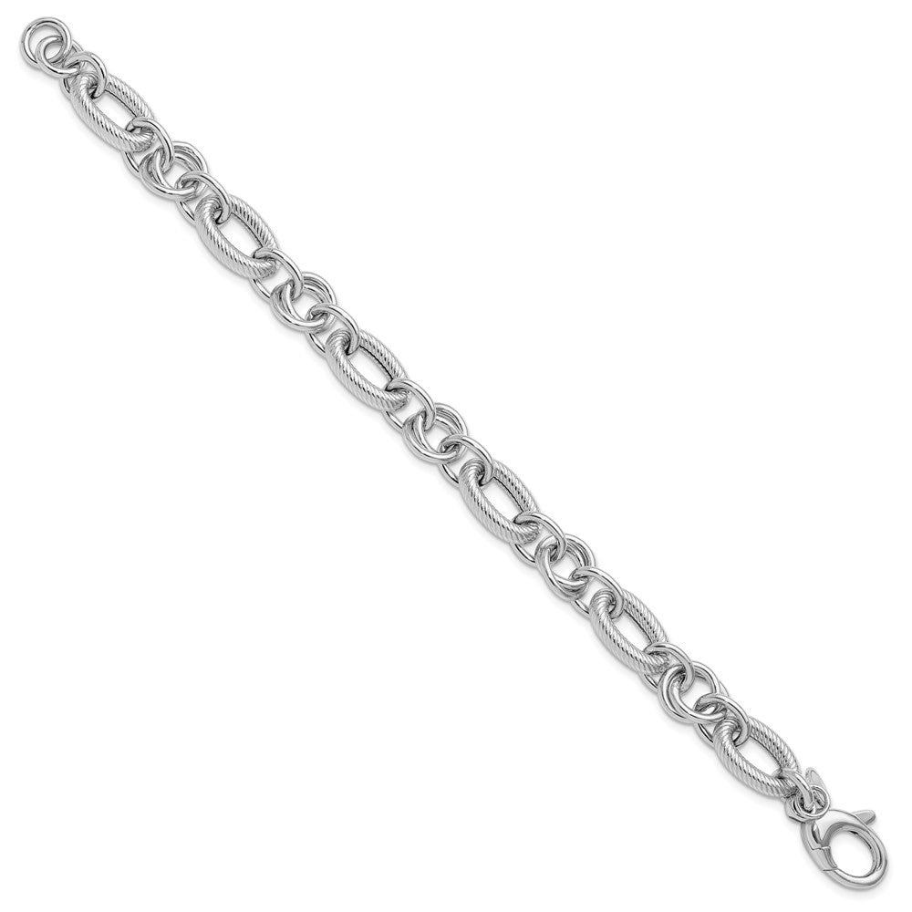 SS RH-plated Polished/Textured Fancy Link w/.25in ext. Bracelet 7.75  inches
