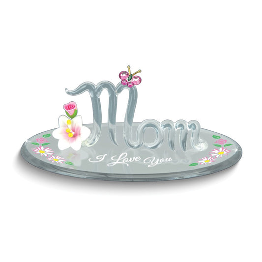 Glass Baron Handcrafted Mom I Love You with Flower Glass Figurine