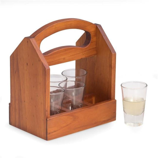 Bey-Berk International BS108 Solid Wood Six Shot Glass Caddy with Ergonomic Curved Built in Handle - Brown