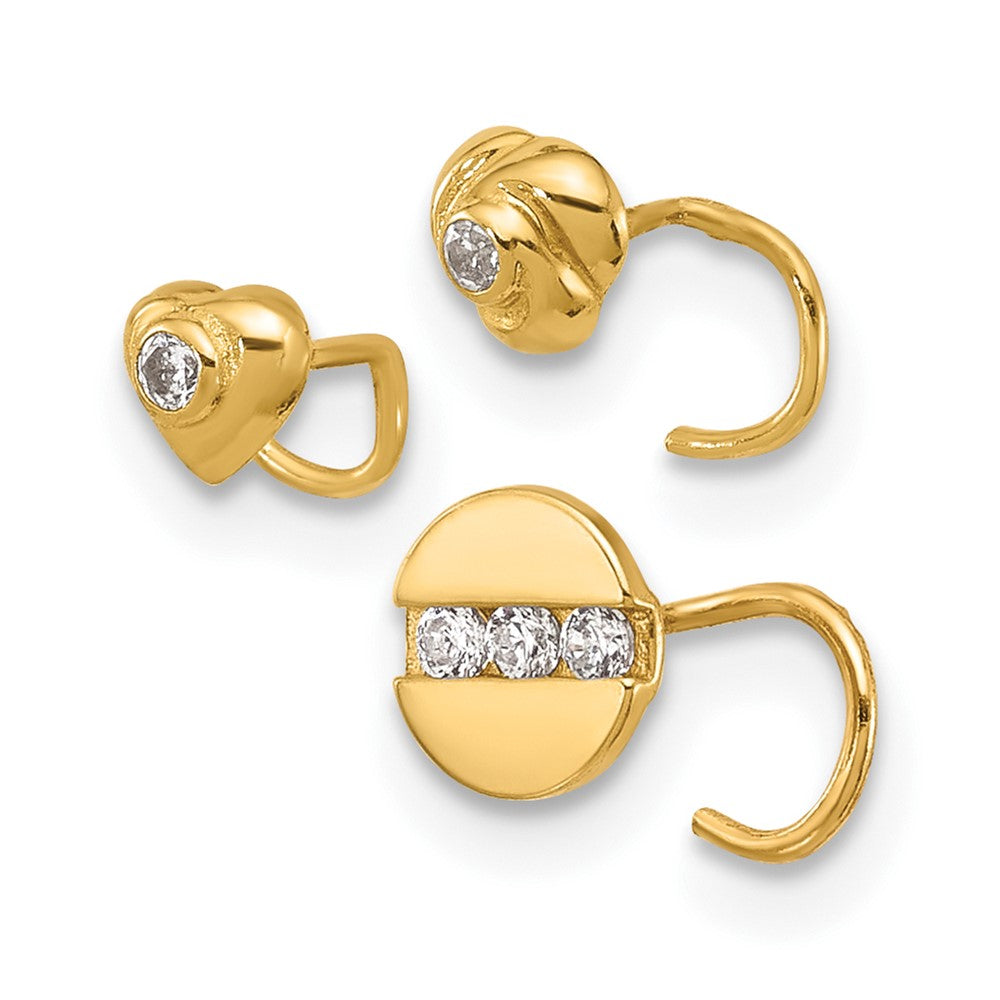 14K 22 Gauge CZ Heart, Flower, and Circle Nose Post Set