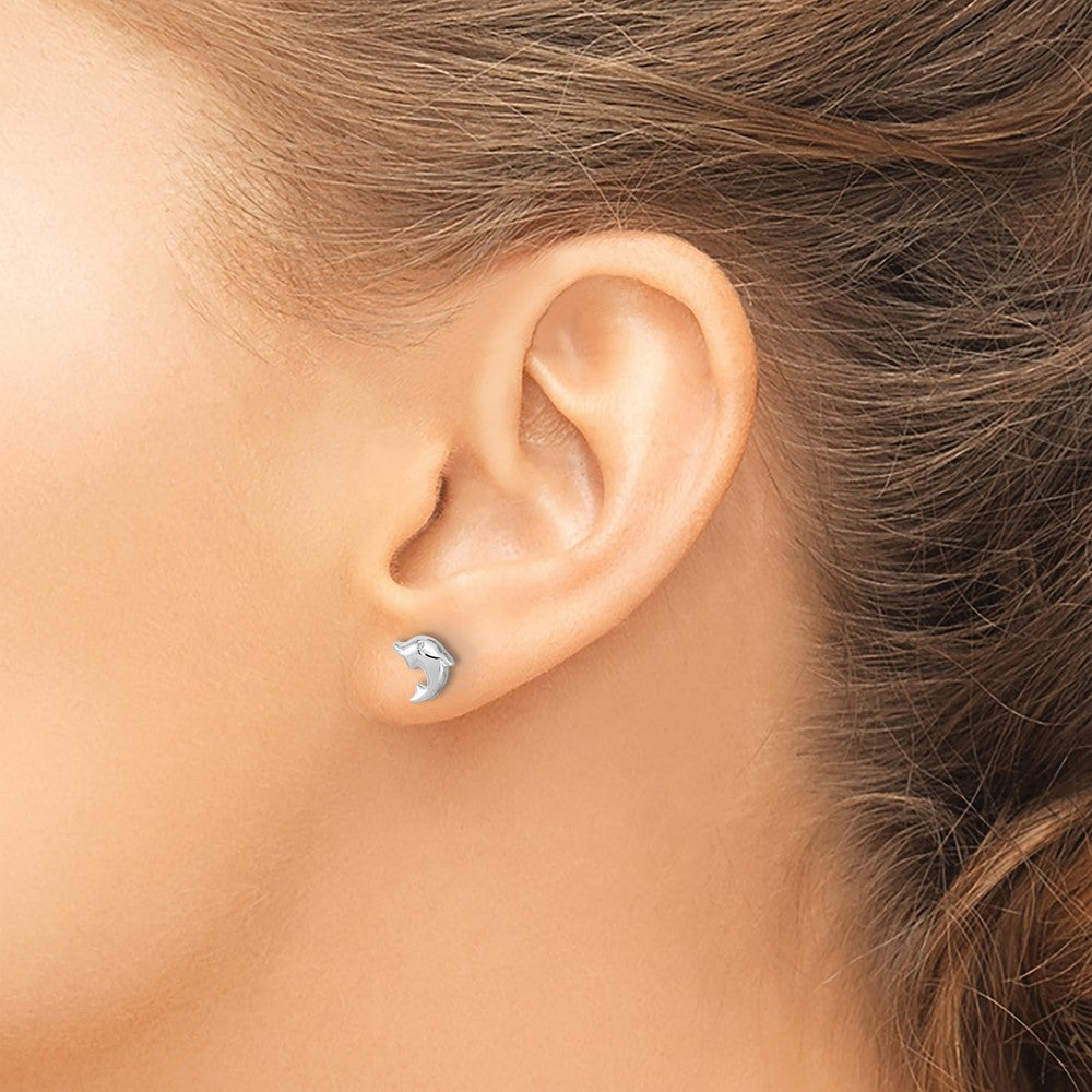 Sterling Silver RH-plated Polished CZ Dolphin Post Earrings