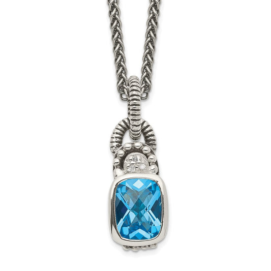 Shey Couture Sterling Silver 18 Inch Antiqued Cushion Bezel Sky Blue Topaz and Diamond Necklace 18 Inches