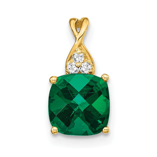 14k Checkerboard Created Emerald and Diamond Pendant