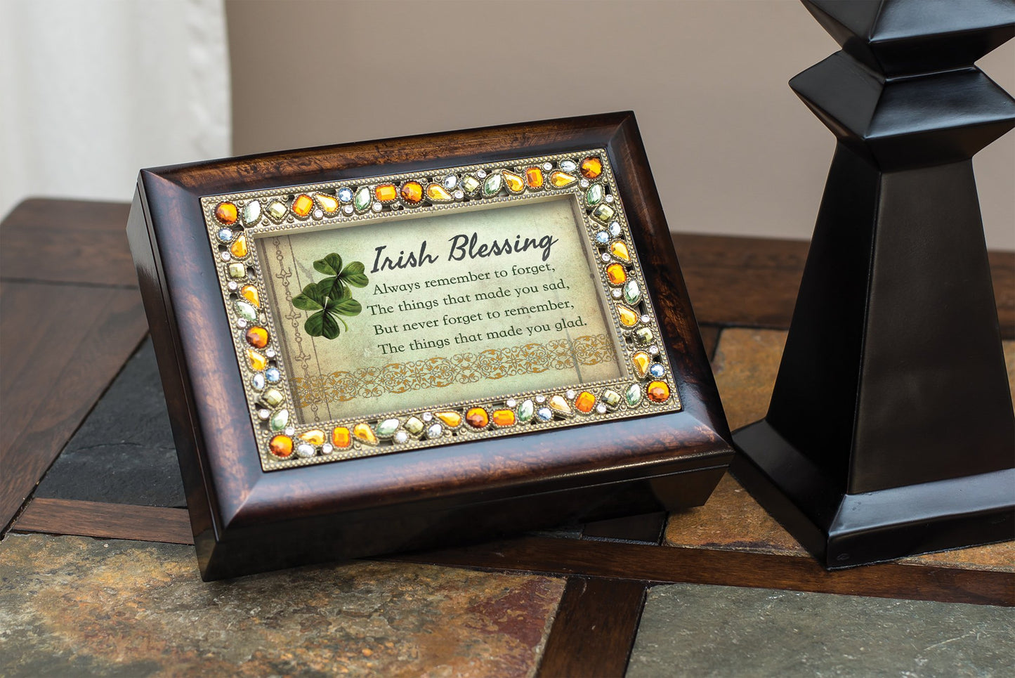 Emerald Faux Jewel IRISH BLESSING 6x4 Resin Music Box: When Irish Eyes Are Smiling Q-GM14515