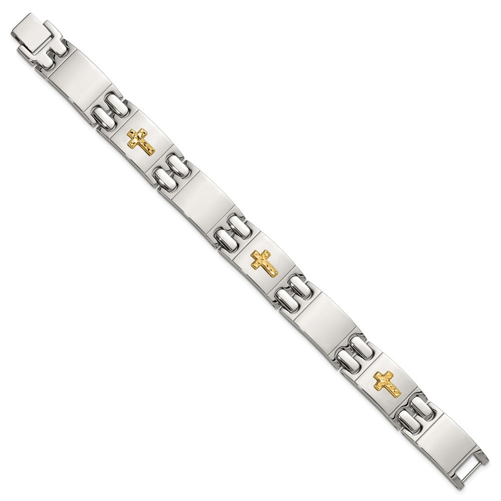 Chisel Stainless Steel Polished with Diamond-cut 14K Gold Accent Cross 8 inch Link Bracelet 8 inches
