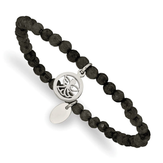 Stainless Steel Polished Angel Black Jade Beaded Stretch Bracelet 6.5 inches
