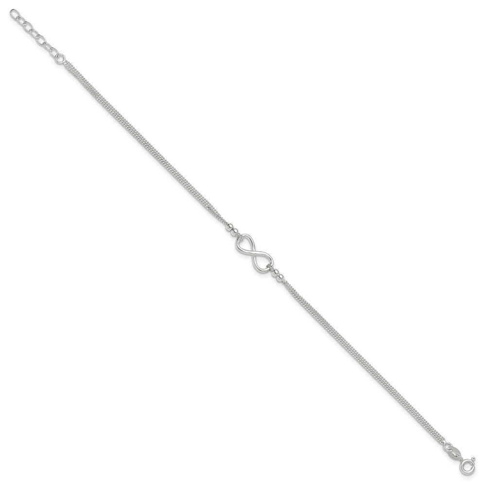 Sterling Silver 2-Strand Beaded Infinity Symbol 9in Plus 1in ext. Anklet 9 inches