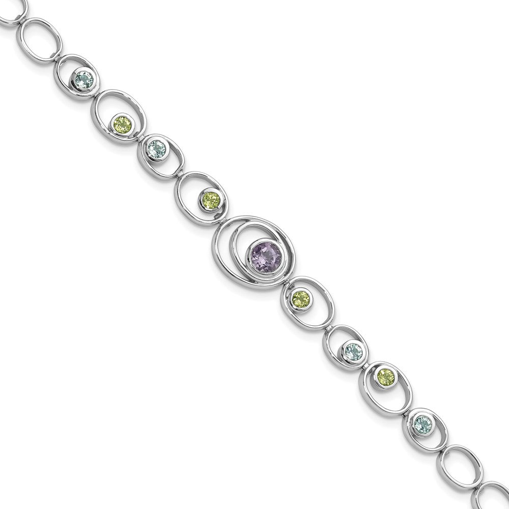 Sterling Silver Rhodium-plated w/Peridot, Blue Topaz &Amethyst Bracelet 7.25 inches