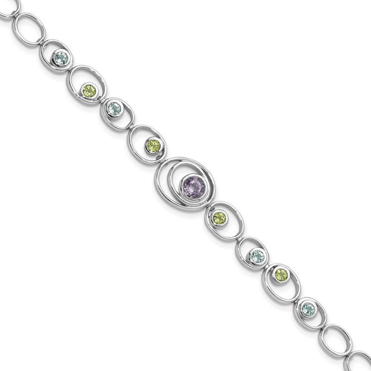 Sterling Silver Rhodium-plated w/Peridot, Blue Topaz &Amethyst Bracelet 7.25 inches