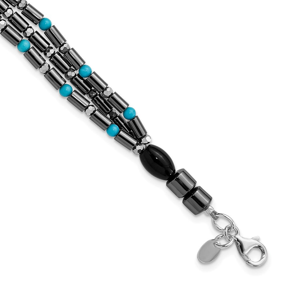 Sterling Silver Agate, Crystal, Hematite and Turquoise Multistrand w/1in ext Bracelet