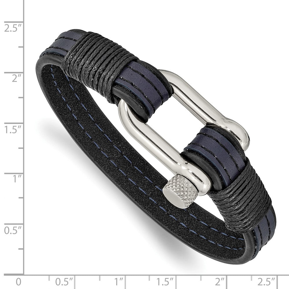 Stainless Steel Polished Black & Blue Leather 8.25in Shackle Bracelet 8.25 inches