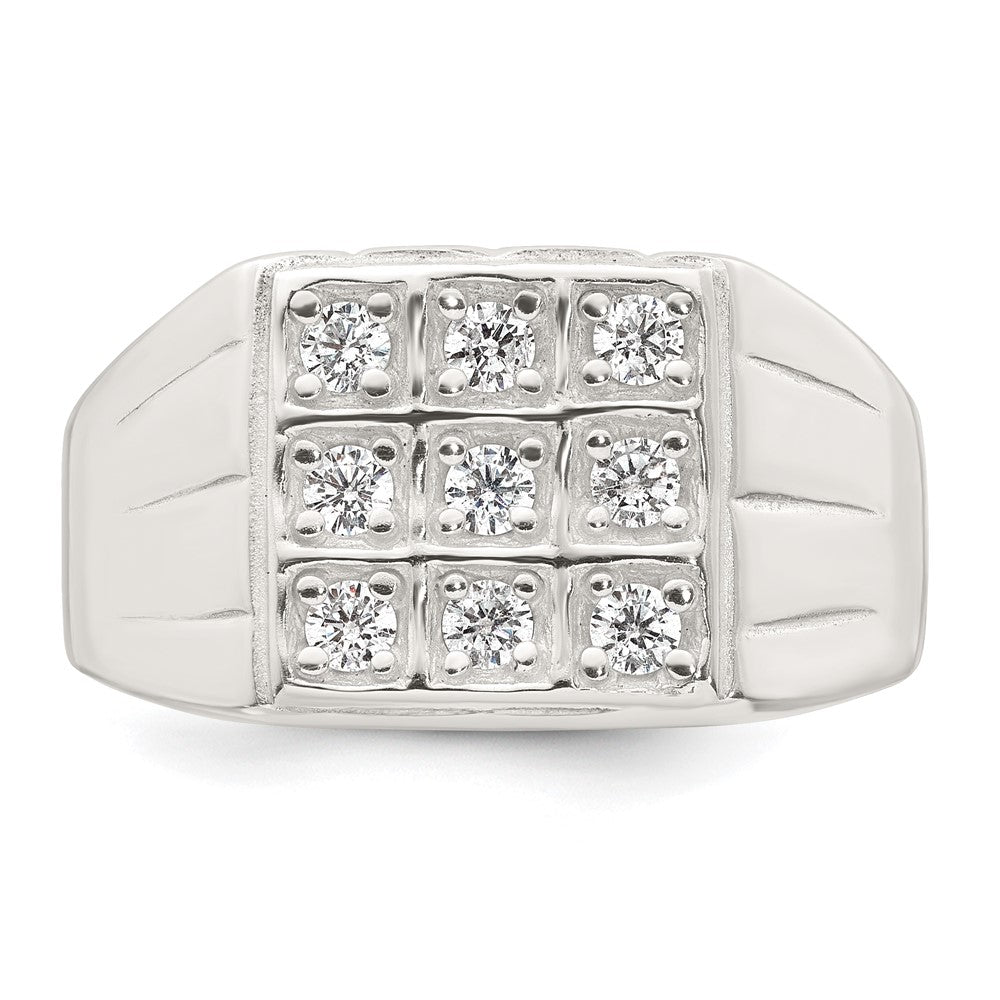 Sterling Silver Polished and Grooved White CZ Square Size 10 Mens Ring