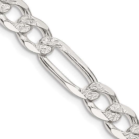 Sterling Silver 7.0mm Pav‚ Flat Figaro Chain 30 Inches