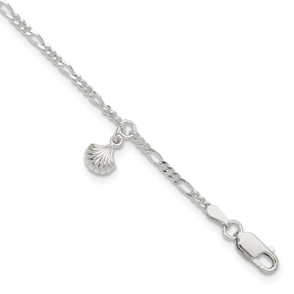 Sterling Silver Polished Shell 9in Plus 1in Ext. Anklet 9 inches