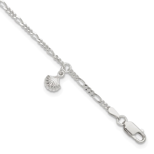 Sterling Silver Polished Shell 9in Plus 1in Ext. Anklet 9 inches