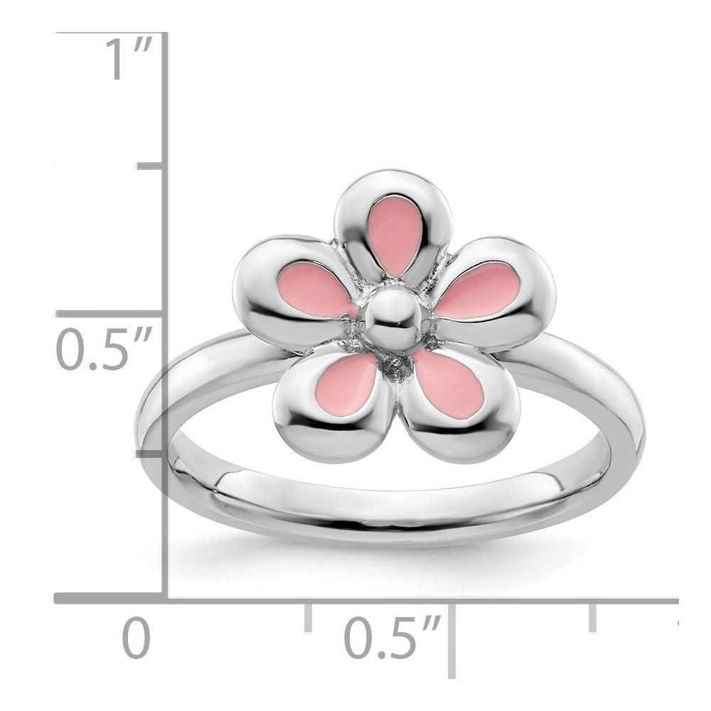 Sterling Silver Stackable Expressions Polished Pink Enameled Flower Ring Size -10