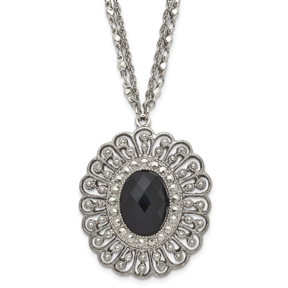 1928 Silver-tone Black Epoxy & Acrylic Fancy Bead w/3in ext. Necklace