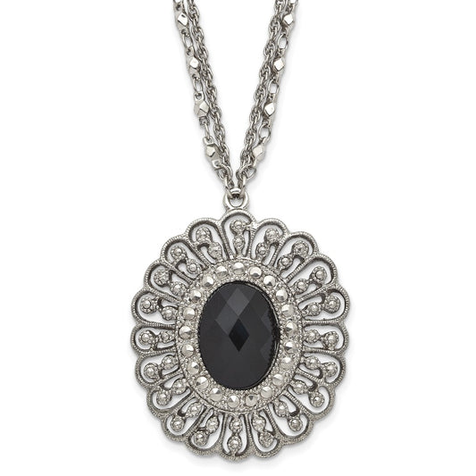 1928 Silver-tone Black Epoxy & Acrylic Fancy Bead w/3in ext. Necklace