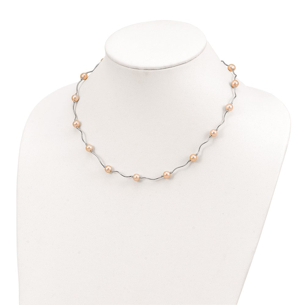 Sterling Silver Rhodium-plated 6-7mm Pink Near-Round Freshwater Cultured Pearl 18-Station 18 inch Necklace 18 Inches