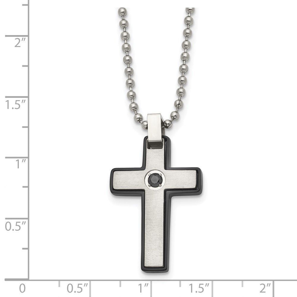 Stainless Steel Brushed and Polished Black IP CZ Black Cross Necklace