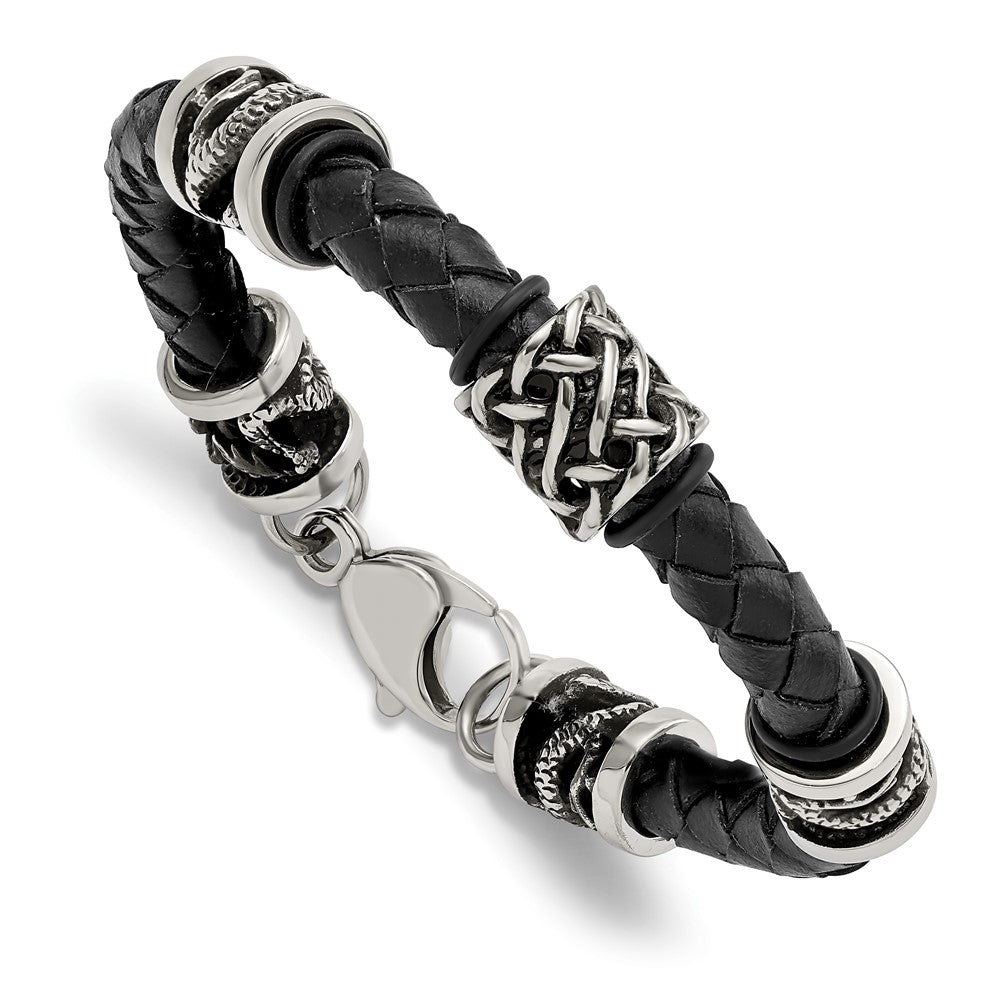 Stainless Steel Antiqued & Polished Dragon Black Braided Leather Bracelet 8.5 inches