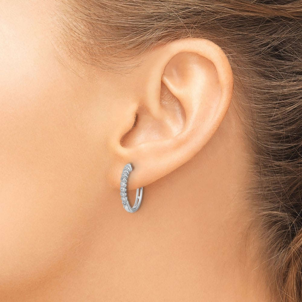 14k White Gold Polished Diamond Hinged Hoop Earrings