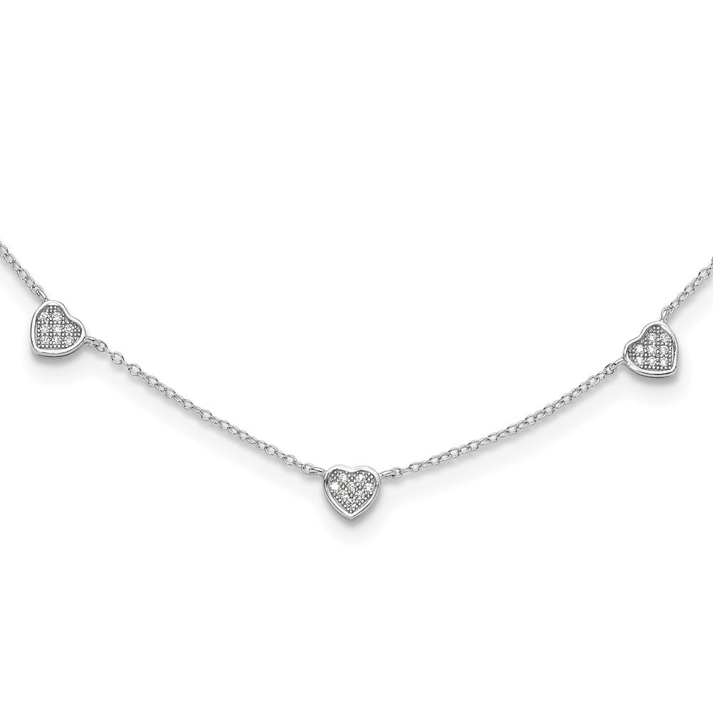 Sterling Silver RH-plated w/Micro Pave CZ Hearts 16in w/2in ext Necklace 16 Inches