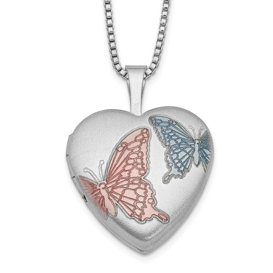 Sterling Silver RH-plated 16mm Satin Enamel Butterfly Heart Locket Necklace 18 Inches