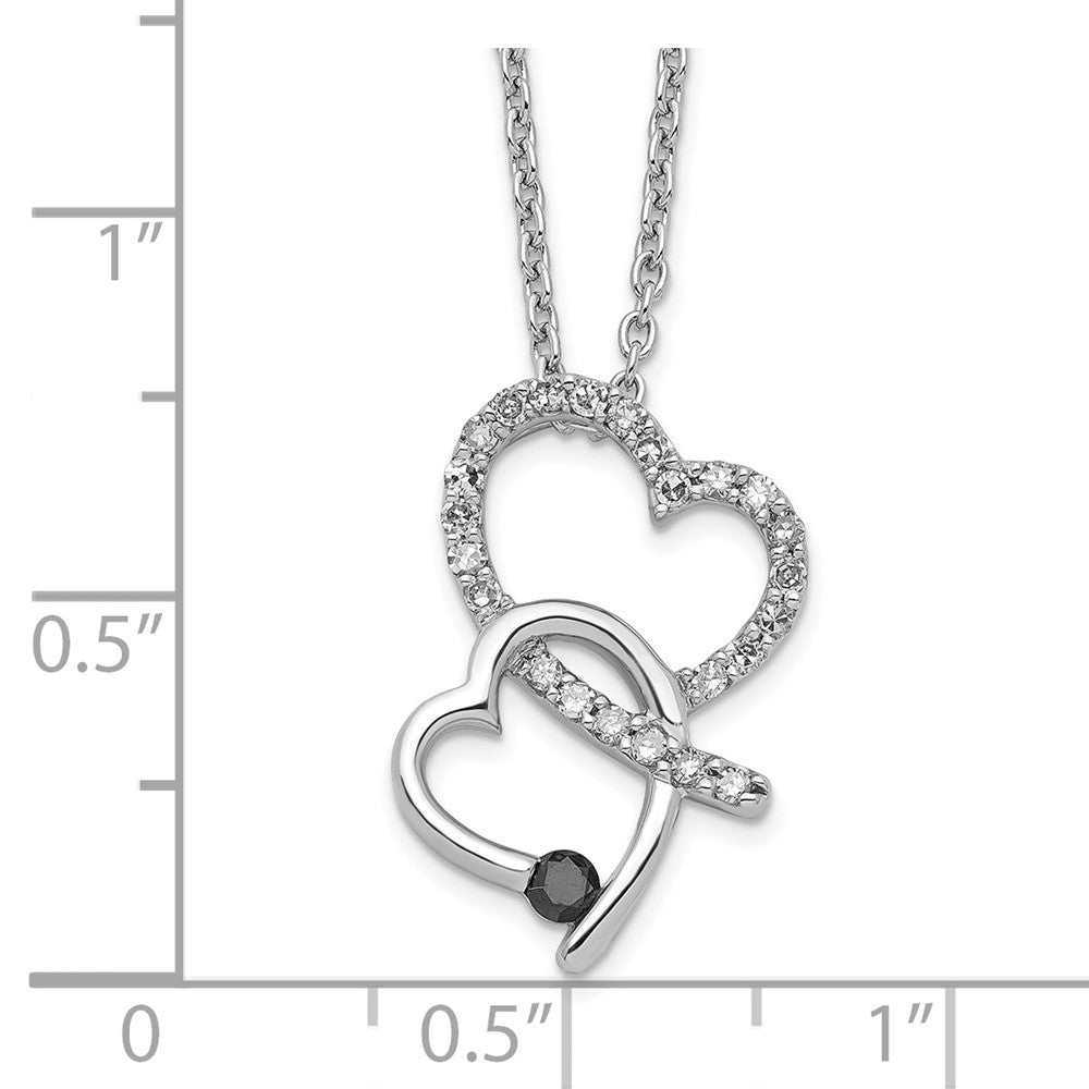 White Night Sterling Silver Rhodium-plated Black and White Diamond Double Heart 18 Inch Necklace with 2 Inch Extender 18 Inches