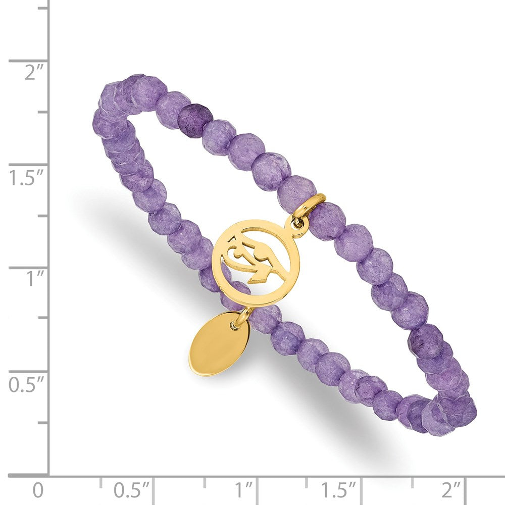 Stainless Steel Polished Yellow IP Eye of Horus Purple Jade Stretch Bracele 6.25 inches