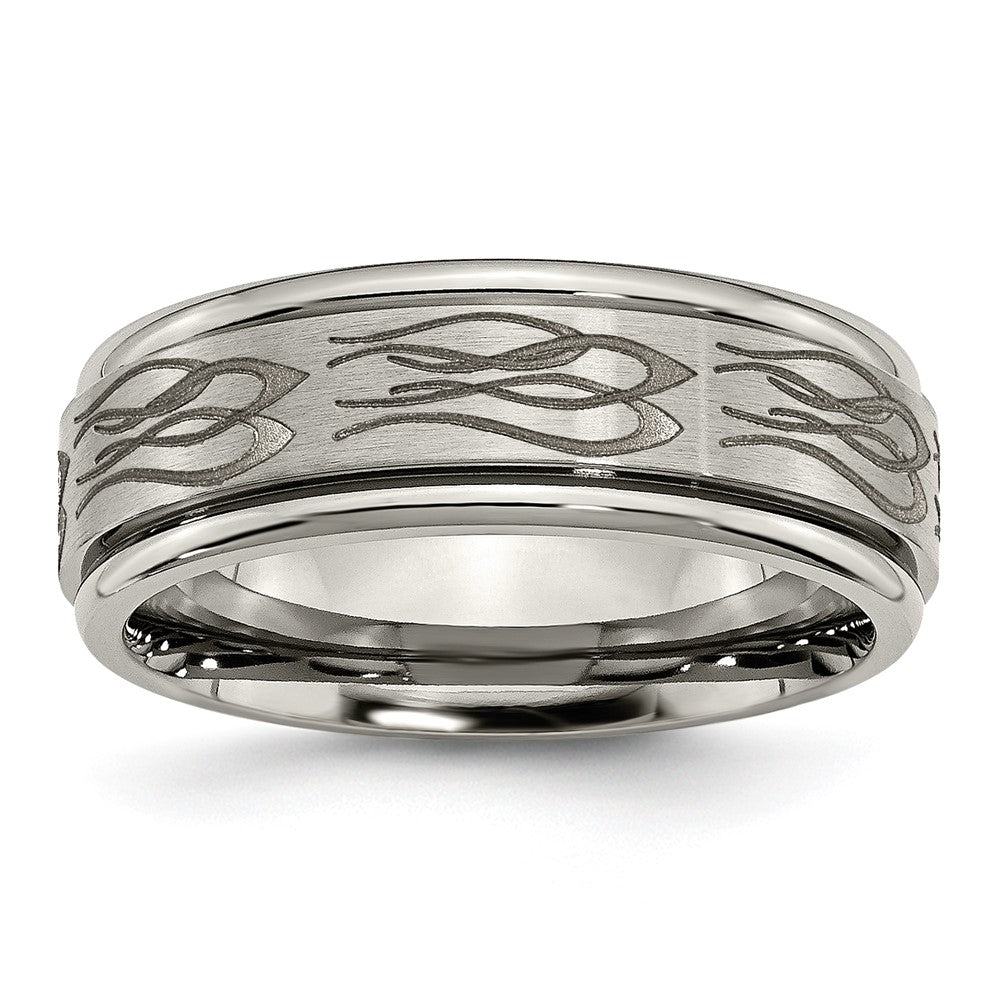 Titanium Brushed & Polished Flame Laser Design 8mm Ridged Edge Band Size - 8.5