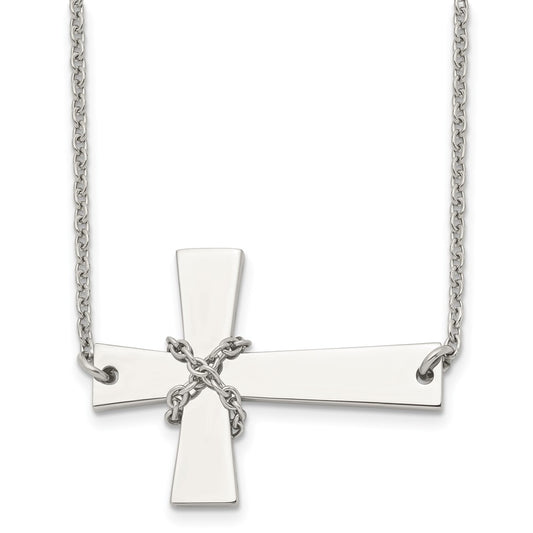 Stainless Steel Polished Sideways Cross w/Chain 21in Necklace