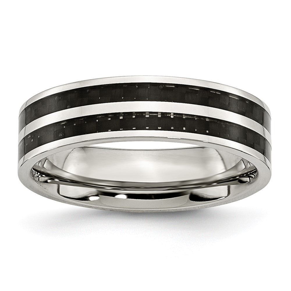 Stainless Steel Polished Double Row Black Carbon Fiber Inlay 6mm Band Size - 8