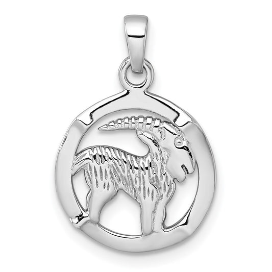 Sterling Silver Rhodium-plated Polished Reversible Capricorn Goat in Circle Zodiac Pendant